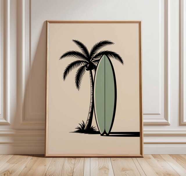 Surfboard Palm Tree Poster, Tropical Beach Wall Art, Minimalist Coastal Print, Retro Surf Decor For Summer Vibes - image 1