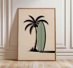 Surfboard Palm Tree Poster, Tropical Beach Wall Art, Minimalist Coastal Print, Retro Surf Decor For Summer Vibes - thumbnail 1