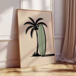 Surfboard Palm Tree Poster, Tropical Beach Wall Art, Minimalist Coastal Print, Retro Surf Decor For Summer Vibes - thumbnail 2