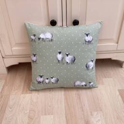 Handmade Pair Duck Feather Sheepy Sheep Linen Sage Green Country Animals Throw Pillow Cushions - thumbnail 2