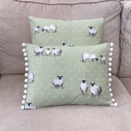Handmade Pair Duck Feather Sheepy Sheep Linen Sage Green Country Animals Throw Pillow Cushions - thumbnail 3