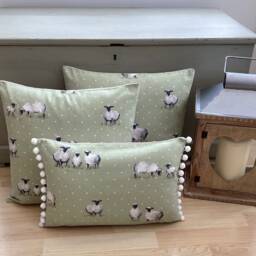 Handmade Pair Duck Feather Sheepy Sheep Linen Sage Green Country Animals Throw Pillow Cushions - thumbnail 4