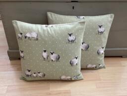 Handmade Pair Duck Feather Sheepy Sheep Linen Sage Green Country Animals Throw Pillow Cushions - thumbnail 1