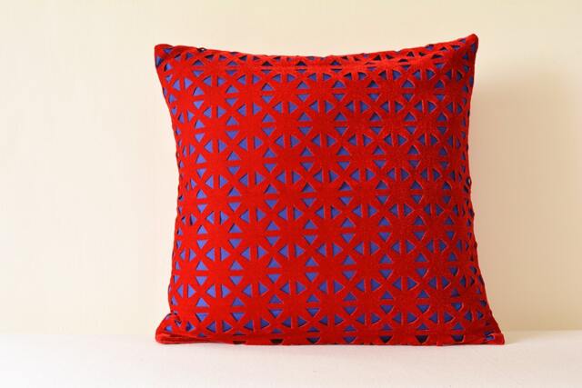 Red & Blue Geometric Velvet Pillow Cover , Cushion Throw Lase Cut - image 1