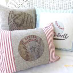 Vintage Baseball Glove Pillow, Burlap Nursery Decor - 12x12 - thumbnail 2