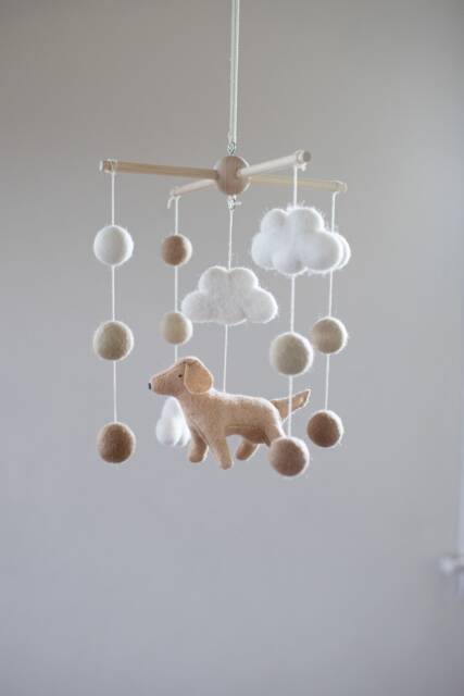 Handmade Golden Retriever Nursery Mobile Wool Felt Dog & Clouds - image 1