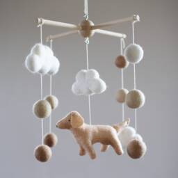 Handmade Golden Retriever Nursery Mobile Wool Felt Dog & Clouds - thumbnail 3