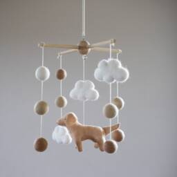 Handmade Golden Retriever Nursery Mobile Wool Felt Dog & Clouds - thumbnail 2
