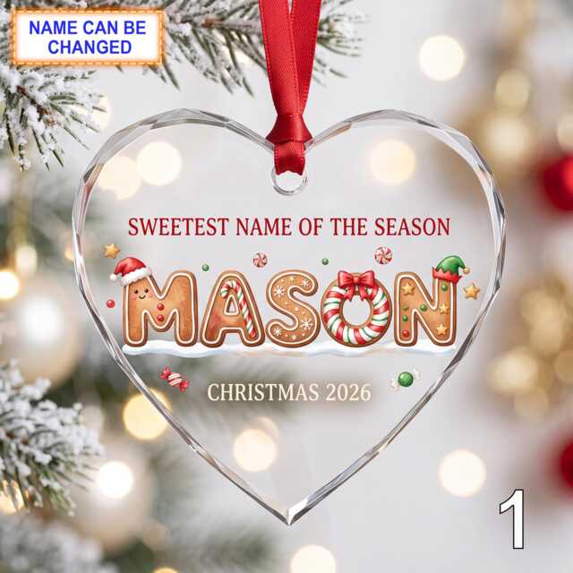 Christmas Glass Ornament, Custom Gingerbread Name Keepsake With Sweet Lettering, Candy Details & Snowflakes, Personalized Holiday Gift - image 1