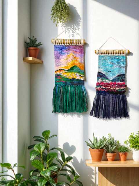 Handmade Woven Wall Tapestry Boho Landscape Fiber Art - image 1