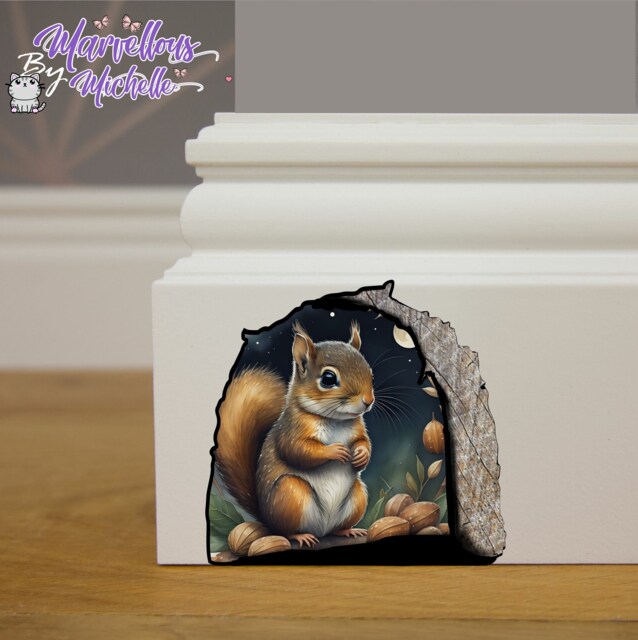 Cute Fairytale Squirrel With Nuts in Hole Mouse Wall, Skirting Board, Door Sticker, Decal Children's Kids Decoration G2