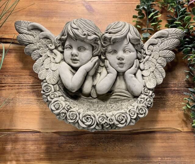 stone Garden Twin Cherub With Wings Wall Plaque Hanging Scone Shelf Ornament - image 1