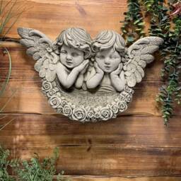 stone Garden Twin Cherub With Wings Wall Plaque Hanging Scone Shelf Ornament - thumbnail 2