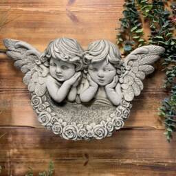 stone Garden Twin Cherub With Wings Wall Plaque Hanging Scone Shelf Ornament - thumbnail 3