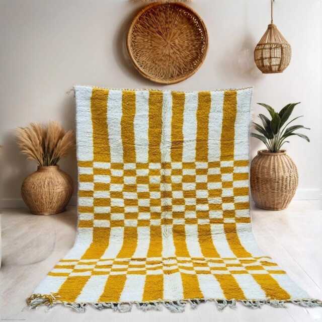 Large Yellow & White Checkered Wool Rug Handwoven Moroccan Berber Design - image 1