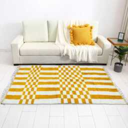 Large Yellow & White Checkered Wool Rug Handwoven Moroccan Berber Design - thumbnail 2