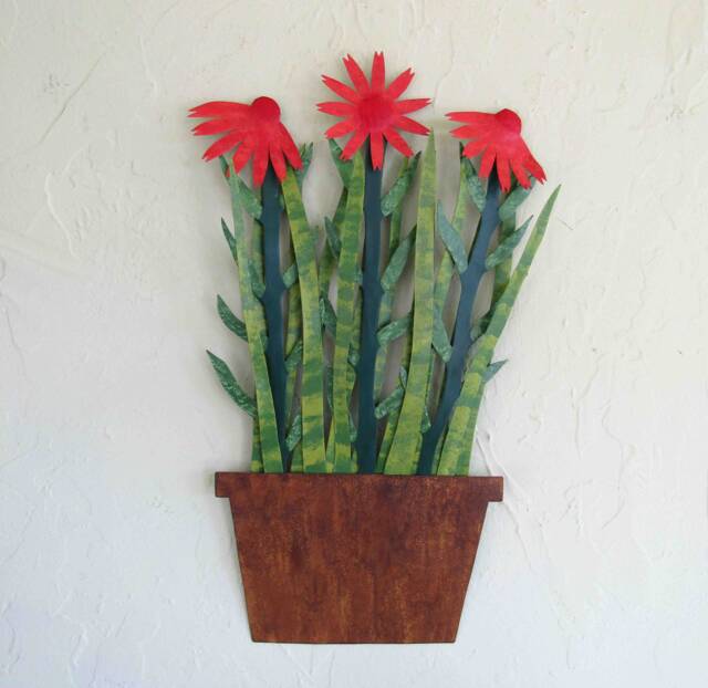 Recycled Metal Flower Wall Art Handmade Coneflower Sculpture - 11x19 - image 1