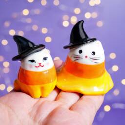 Hand-Painted Ceramic Candy Corn Cat Figurines Halloween Gifts