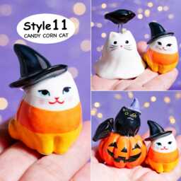 Hand-Painted Ceramic Candy Corn Cat Figurines Halloween Gifts - thumbnail 2