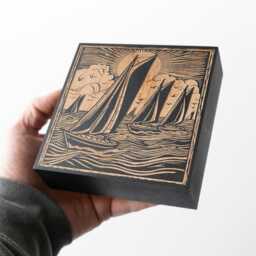 Sailboats On Water Scene Engraved Wood Panel - Block Print Style Sailing Ocean Wall Art, Beachy Illustration Print, Coastal Home Decor Gift - thumbnail 3