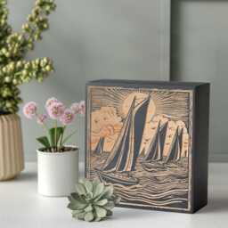 Sailboats On Water Scene Engraved Wood Panel - Block Print Style Sailing Ocean Wall Art, Beachy Illustration Print, Coastal Home Decor Gift - thumbnail 2