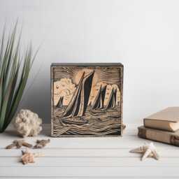 Sailboats On Water Scene Engraved Wood Panel - Block Print Style Sailing Ocean Wall Art, Beachy Illustration Print, Coastal Home Decor Gift - thumbnail 1