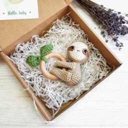 Personalized Sloth Baby Rattle On Wooden Ring Crocheted From Cotton Yarn For Jungle Shower, Pregnancy Announcement, First Time Mom Gift