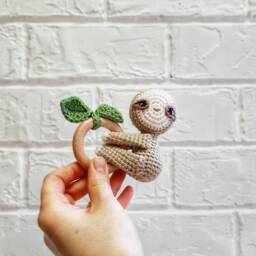 Personalized Sloth Baby Rattle On Wooden Ring Crocheted From Cotton Yarn For Jungle Shower, Pregnancy Announcement, First Time Mom Gift - thumbnail 2