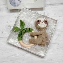 Personalized Sloth Baby Rattle On Wooden Ring Crocheted From Cotton Yarn For Jungle Shower, Pregnancy Announcement, First Time Mom Gift - thumbnail 3