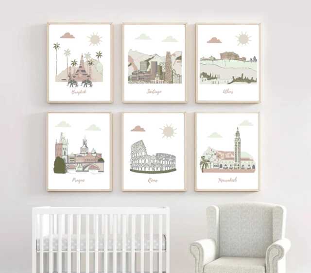 Travel Nursery Art - Bangkok, Santiago, Athens, Prague, Rome, Marrakech - Terracotta, Gray, Green - image 1