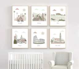 Travel Nursery Art - Bangkok, Santiago, Athens, Prague, Rome, Marrakech - Terracotta, Gray, Green - thumbnail 1
