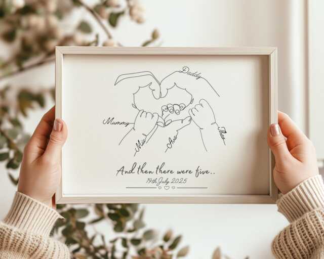 Personalised Family Line Art Print, Custom Father's Day Gift, Baby Hands & Paw Gift - image 1