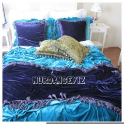 Velvet Ruffled Pillow, Euro Sham Pillow Peacock Teal Blue Copper - Sofa Couch Cover Decorative Luxury Bedding Decor Nurdanceyiz - thumbnail 3