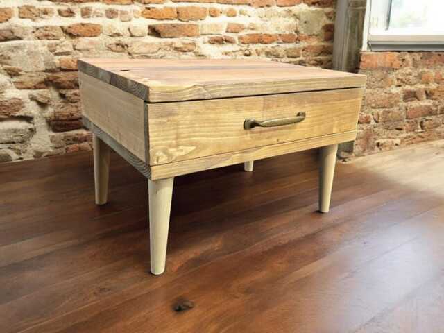 Handmade Rustic Bedside Table Wooden Legs, Brass Handle, Storage Drawer - image 1