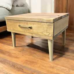 Handmade Rustic Bedside Table Wooden Legs, Brass Handle, Storage Drawer - thumbnail 2