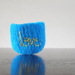 "Felted Wool Bowl - Bright Blue Felt With Pale Green Embroidered ""Love" - thumbnail 2