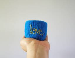 "Felted Wool Bowl - Bright Blue Felt With Pale Green Embroidered ""Love" - thumbnail 1