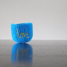 "Felted Wool Bowl - Bright Blue Felt With Pale Green Embroidered ""Love" - thumbnail 3