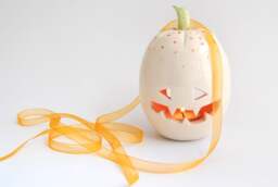 Special Halloween. White Ceramic Pumpkin Candle Holder, With Orange Dots & Green Tail. Interior Orange. Ready To Ship - thumbnail 1