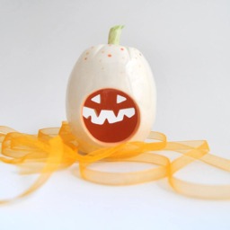 Special Halloween. White Ceramic Pumpkin Candle Holder, With Orange Dots & Green Tail. Interior Orange. Ready To Ship - thumbnail 2