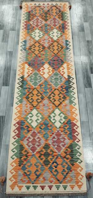 Tribal Runner Rug, Handmade Artisan Afghan Turkish Scandinavian Navajo Bohemian Flatweave Wool Kilim Rug 309x84 cm - image 1