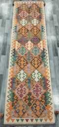Tribal Runner Rug, Handmade Artisan Afghan Turkish Scandinavian Navajo Bohemian Flatweave Wool Kilim Rug 309x84 cm - thumbnail 1