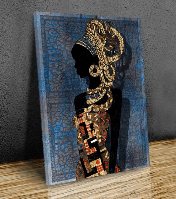 African Woman Portrait Golden Blue Texture, Framed Canvas Wall Art - image 1
