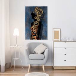 African Woman Portrait Golden Blue Texture, Framed Canvas Wall Art - thumbnail 2