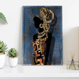 African Woman Portrait Golden Blue Texture, Framed Canvas Wall Art - thumbnail 3