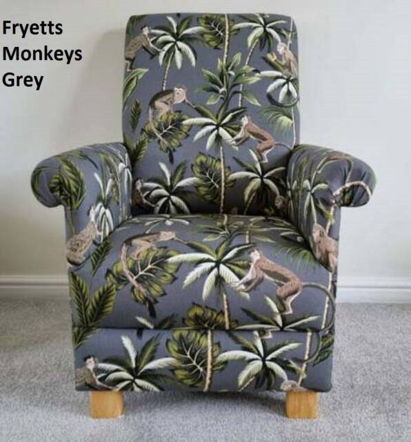 Fryetts Monkeys Fabric Adult Chair Armchair Ochre Mustard Teal Green Blue Grey Apes Nursery Nursing Accent Small Botanical Living Room New - image 1