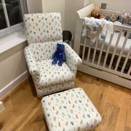 Fryetts Monkeys Fabric Adult Chair Armchair Ochre Mustard Teal Green Blue Grey Apes Nursery Nursing Accent Small Botanical Living Room New - thumbnail 4