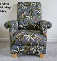 Fryetts Monkeys Fabric Adult Chair Armchair Ochre Mustard Teal Green Blue Grey Apes Nursery Nursing Accent Small Botanical Living Room New - thumbnail 1