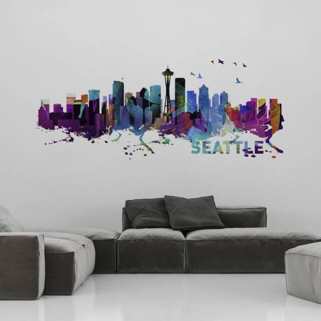Seattle Skyline - Watercolor Print Effect Wall Sticker Home Design Art Decals Sku Seaskywat - image 1