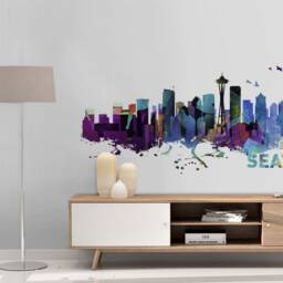 Seattle Skyline - Watercolor Print Effect Wall Sticker Home Design Art Decals Sku Seaskywat - thumbnail 3